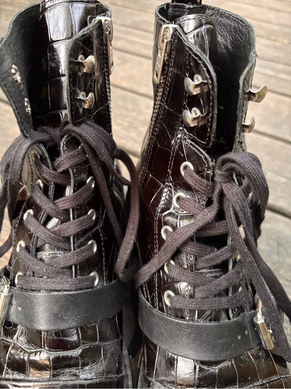 AllSaints Donita Black Crocodile Embossed Leather Combat Boots Size 10 EU 41 - Picture 4 of 12
